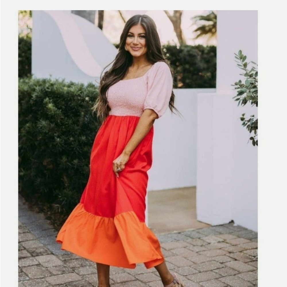 RHODE Eloise Colorblock Smocked Strawberry Multi Midi Dress - Picture 3 of 11